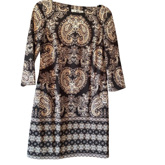 WISP Elegant Paisley Print 3/4 Sleeve Shift Dress Black & White Pattern Size 6 - Picture 1 of 9